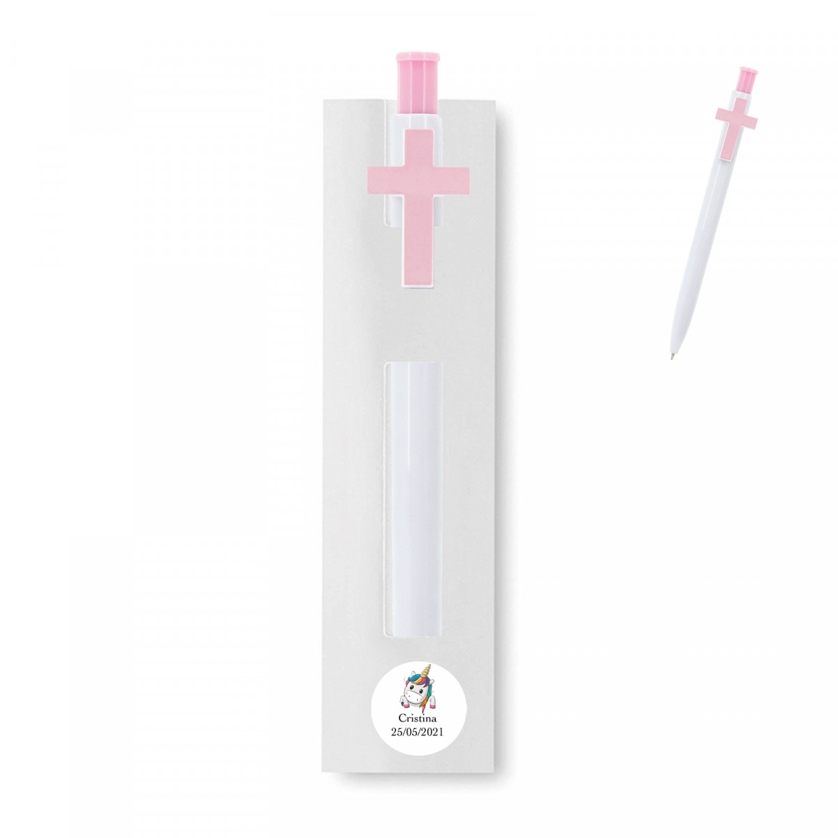 Stylo de communion et de baptême présenté dans un étui blanc et personnalisé avec un autocollant licorne