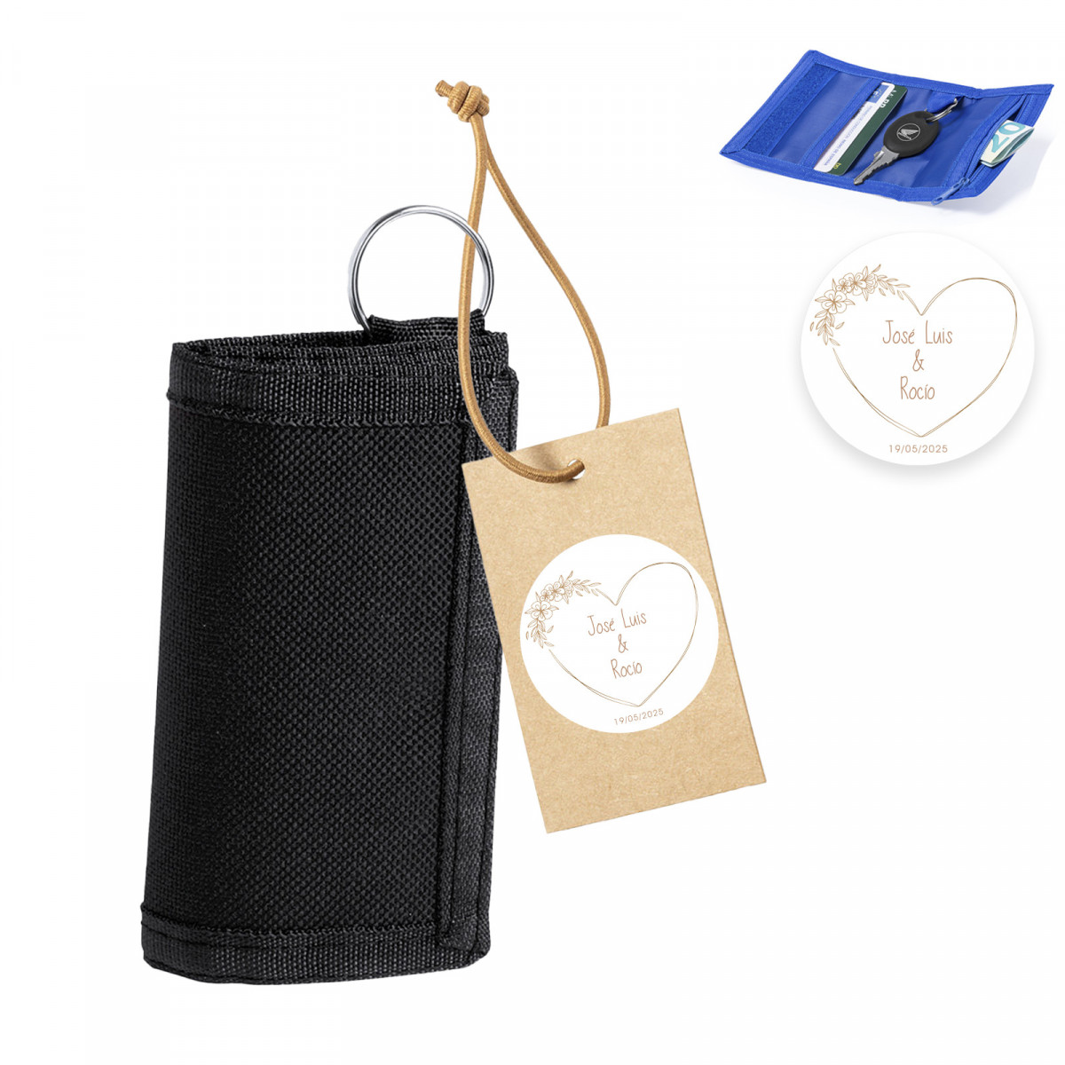 Porte clés noir avec étiquette kraft personnalisée pour mariages et événements