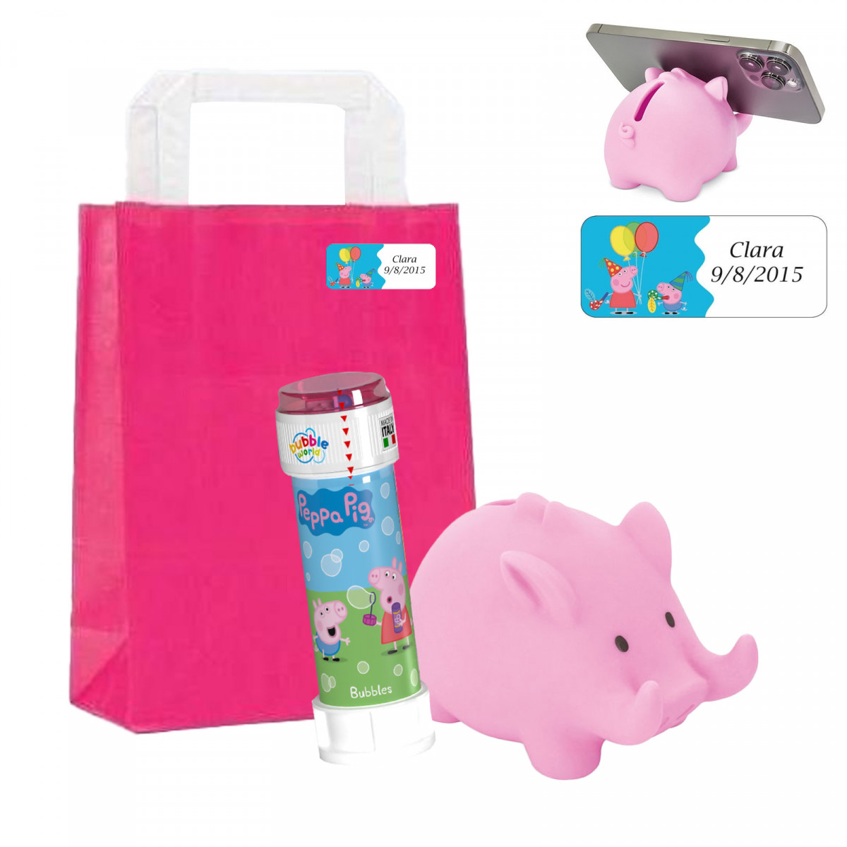 Tirelire pour téléphone portable en forme de sanglier rose et pompon peppa pig avec une pochette assortie personnalisée avec