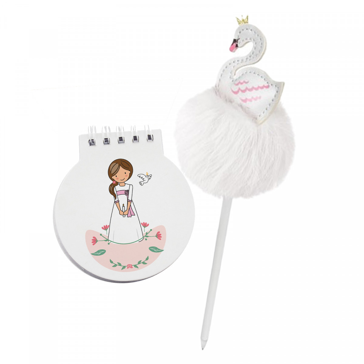 Carnet de communion fille stylo cygne avec pompon