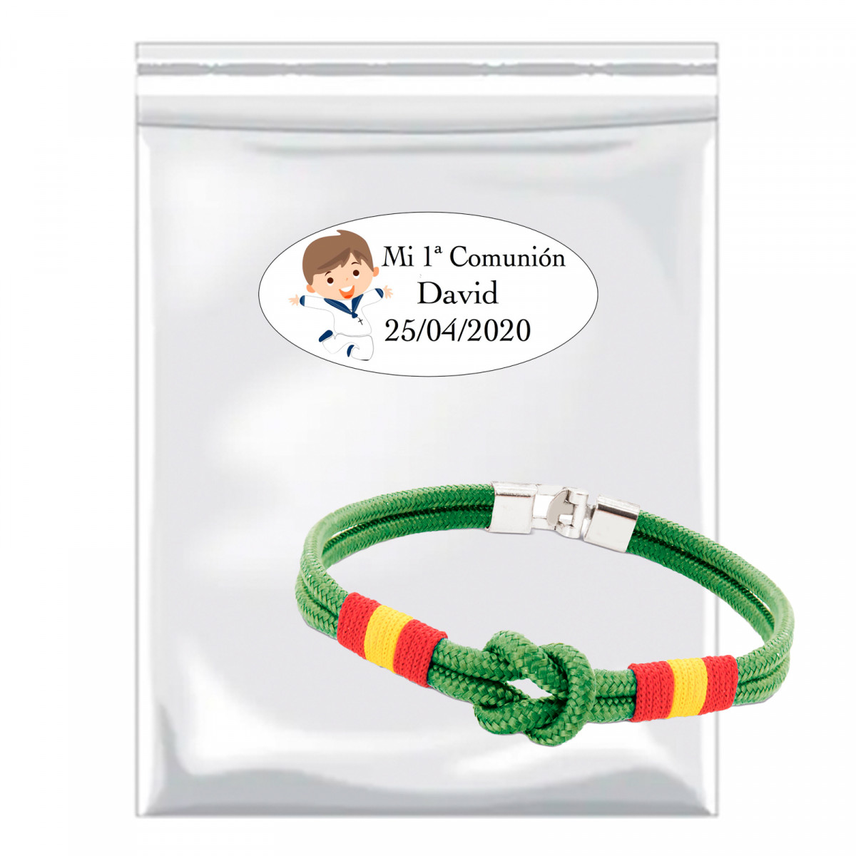 Bracelet corde dans sachet transparent avec adhésif première communion pour détails