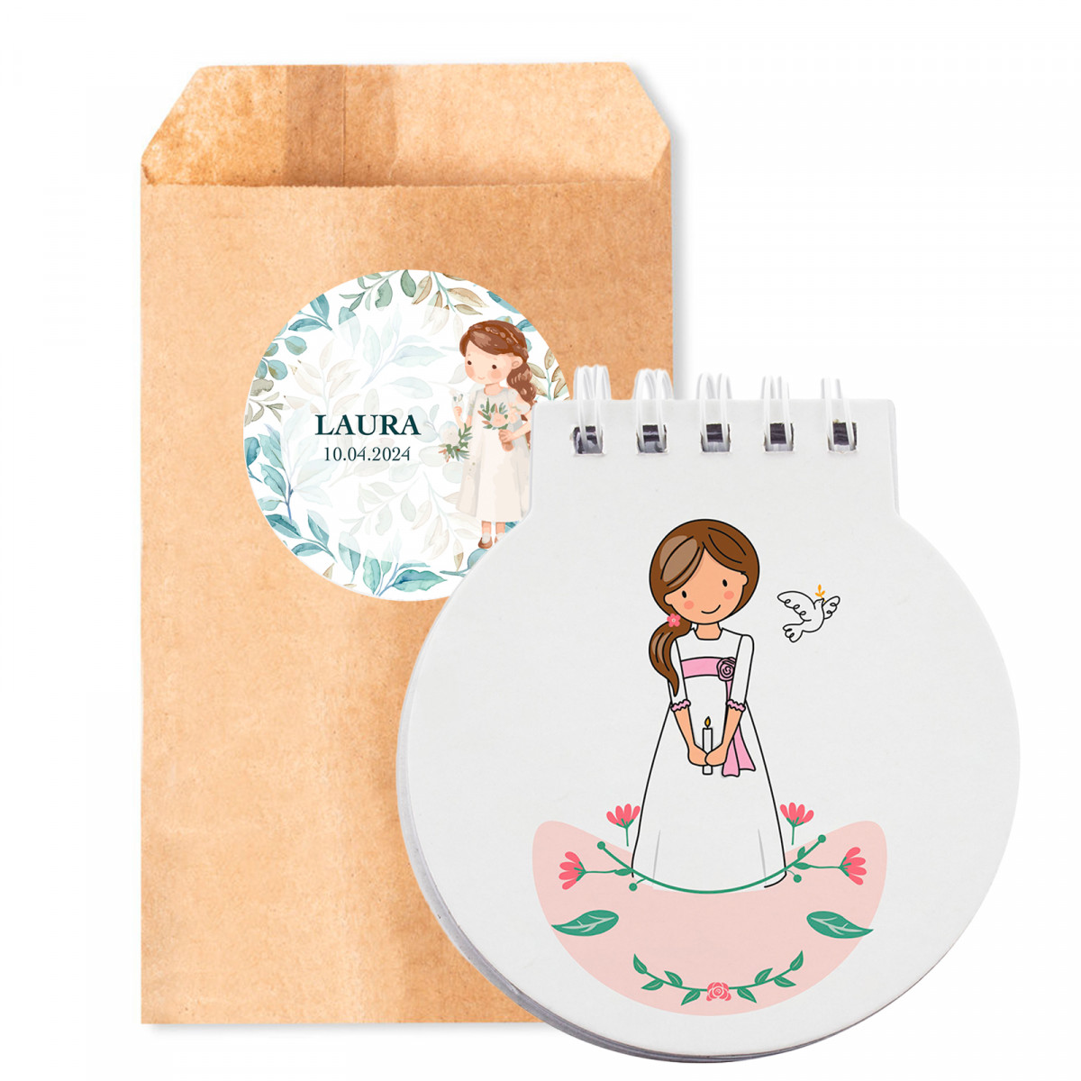 Carnet pour fille de première communion dans enveloppe kraft avec adhésif personnalisé pour détails