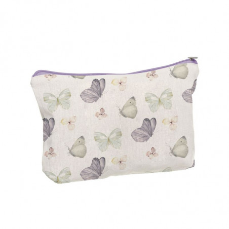 Trousse de toilette en coton avec motif papillon présentée dans une pochette cadeau personnalisée