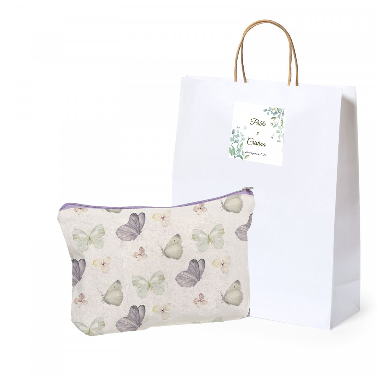 Trousse de toilette en coton avec motif papillon présentée dans une pochette cadeau personnalisée