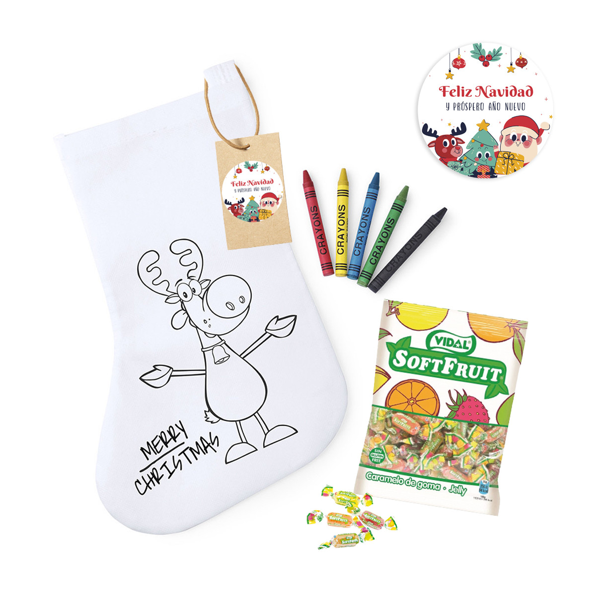 Chaussette de noël à colorier personnalisée avec crayons de couleur et sachet de bonbons détail de noël pour enfants