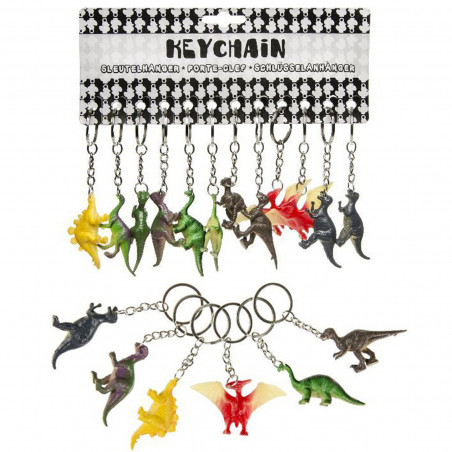 Brochette de bonbons dinosaure et porte-clés assorti dans un sachet orange avec autocollant d'anniversaire personnalisable