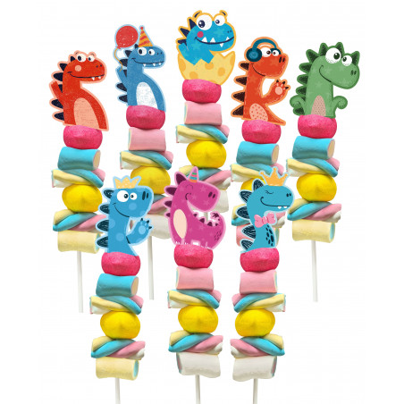 Brochette de bonbons dinosaure et porte-clés assorti dans un sachet orange avec autocollant d'anniversaire personnalisable