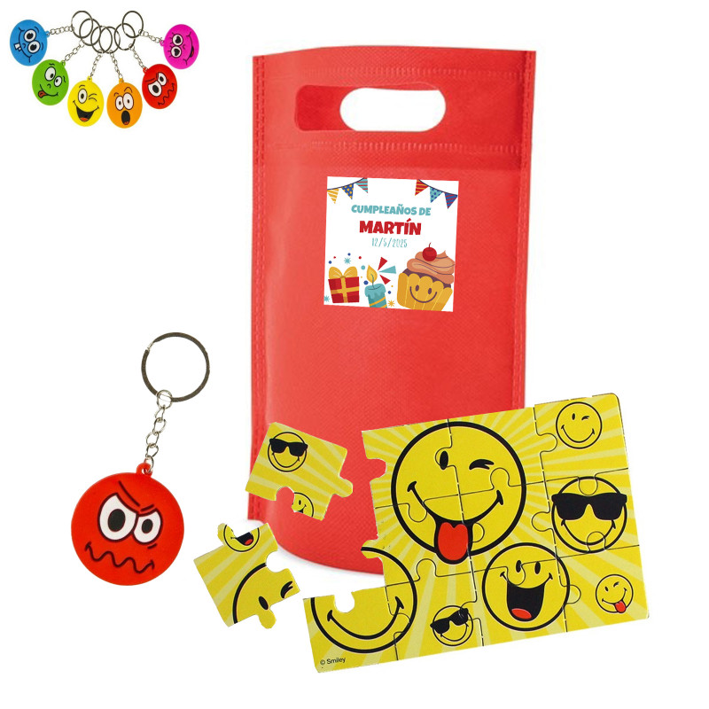 Porte clés emoji et puzzle emoji avec sac personnalisé pour anniversaire