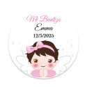 Sticker fille ange rond 3cm personnalisable pour baptême