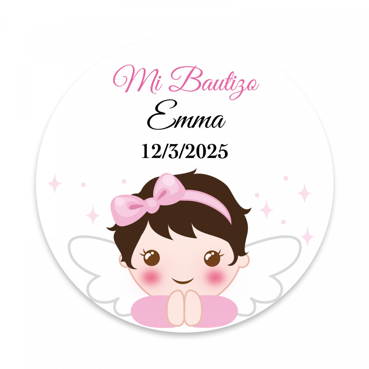 Sticker fille ange rond 3cm personnalisable pour baptême