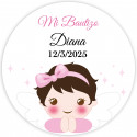 Sticker fille ange rond 5cm personnalisable pour baptême