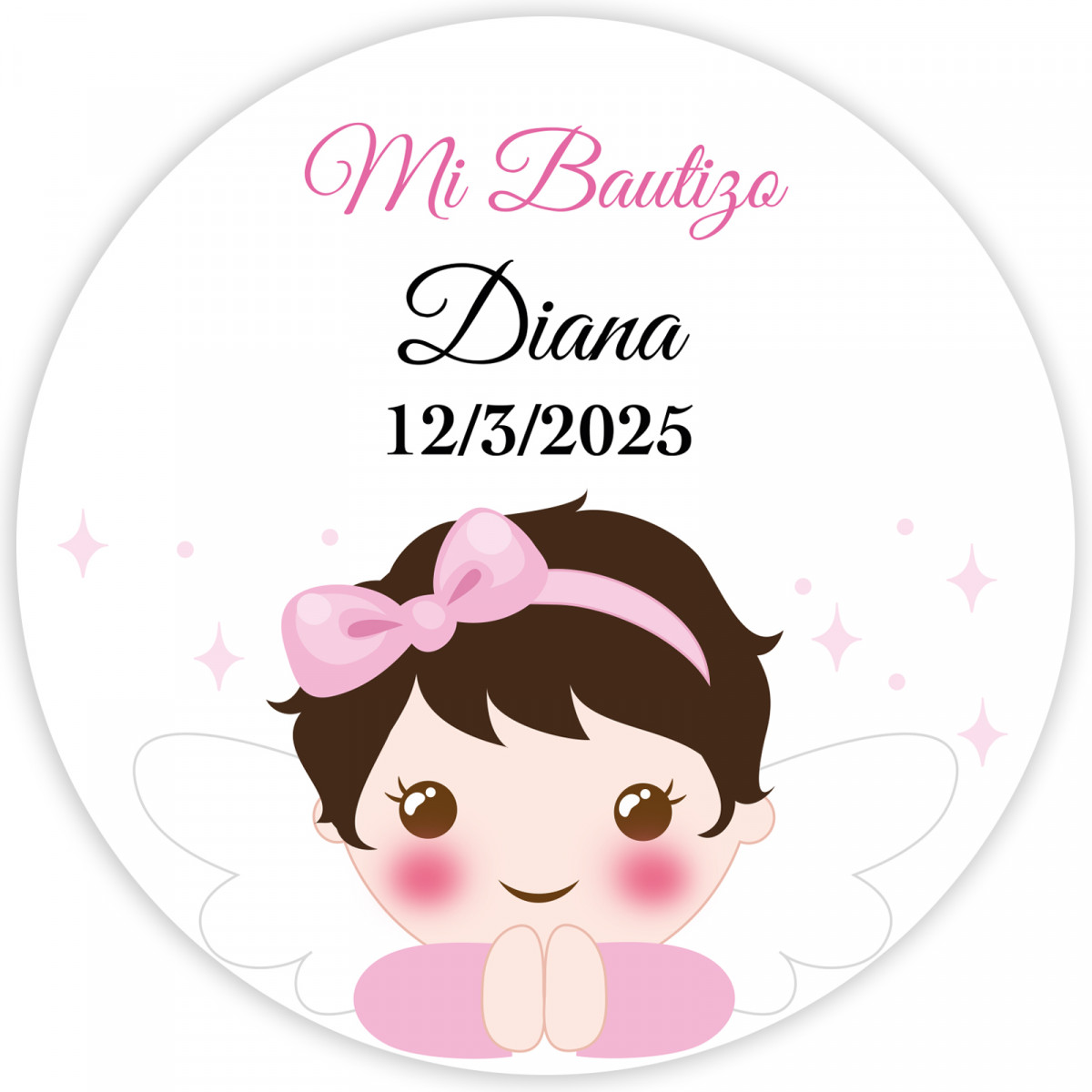 Sticker fille ange rond 5cm personnalisable pour baptême