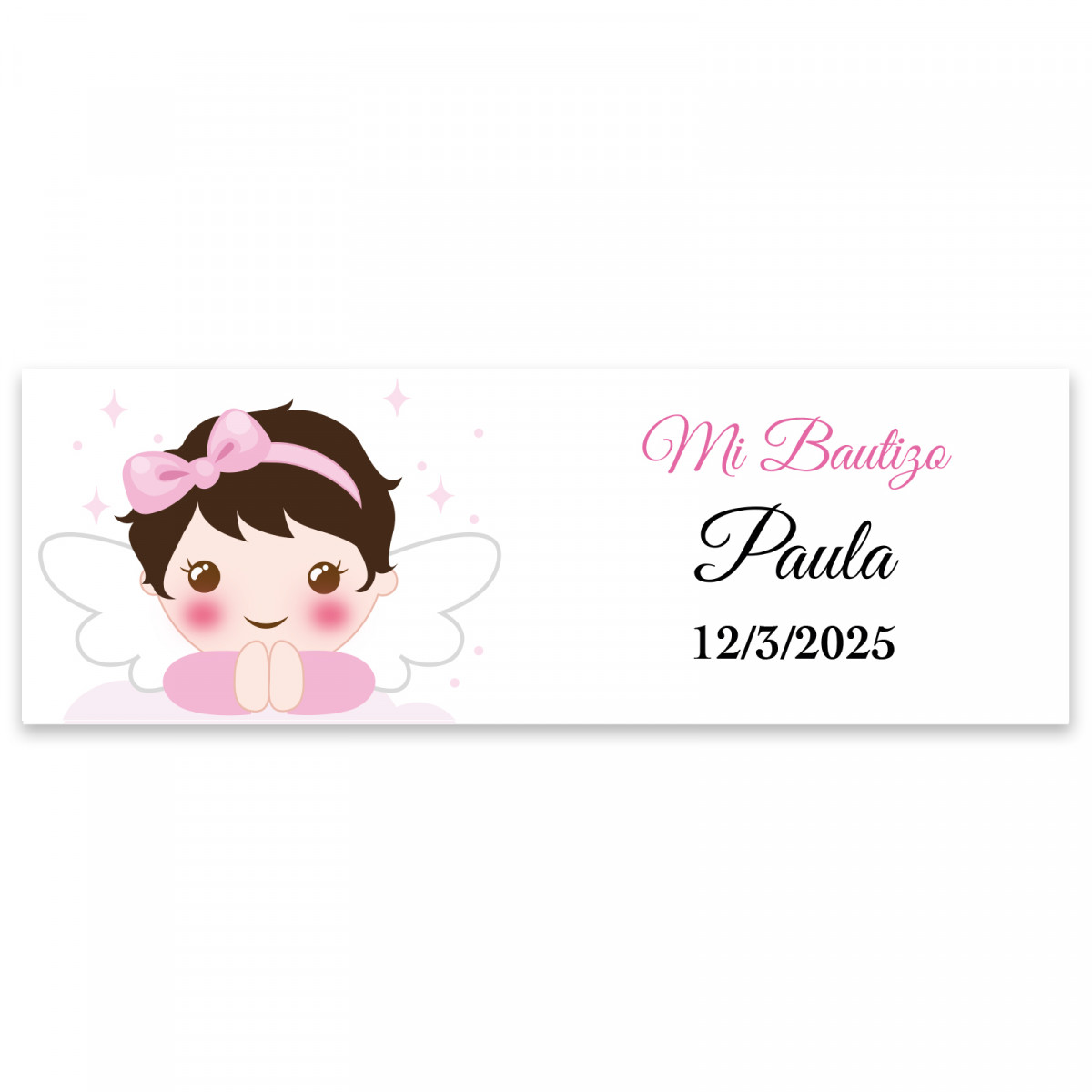 Sticker rectangulaire 6x2 personnalisable fille ange pour baptême