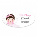 Sticker ovale personnalisable ange fille étoiles pour baptême