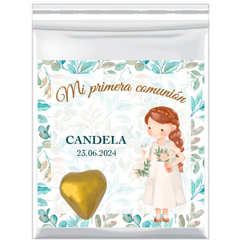 Carte de remerciement première communion dans un sachet avec bonbon en chocolat pour plus de détails