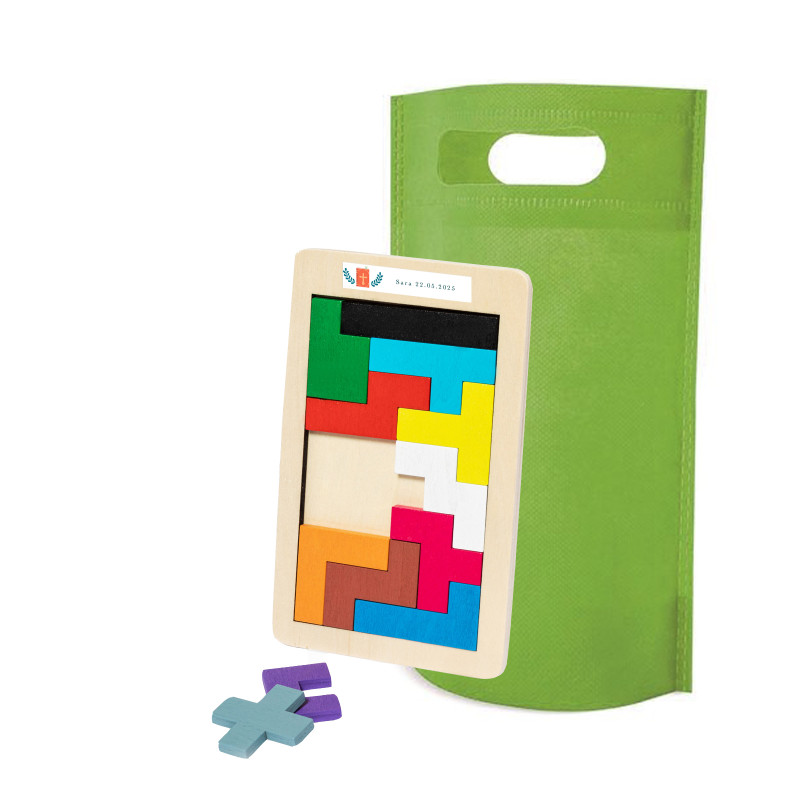 Puzzle tetris en bois personnalisé pour communion avec sac