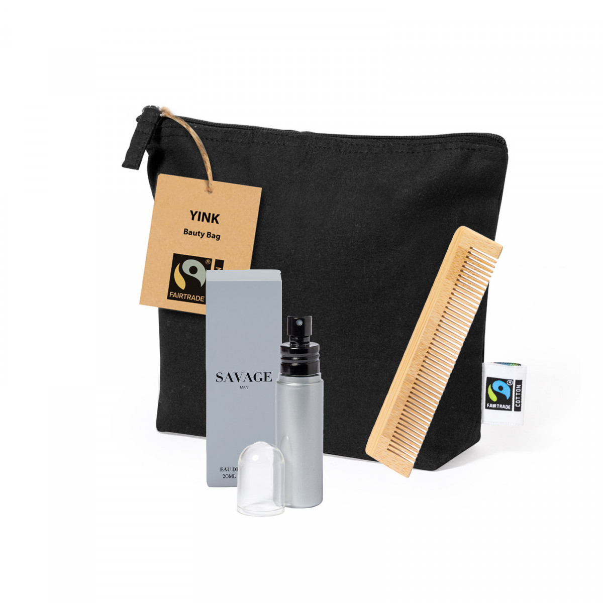 Trousse de toilette en coton noir avec parfum et peigne à offrir