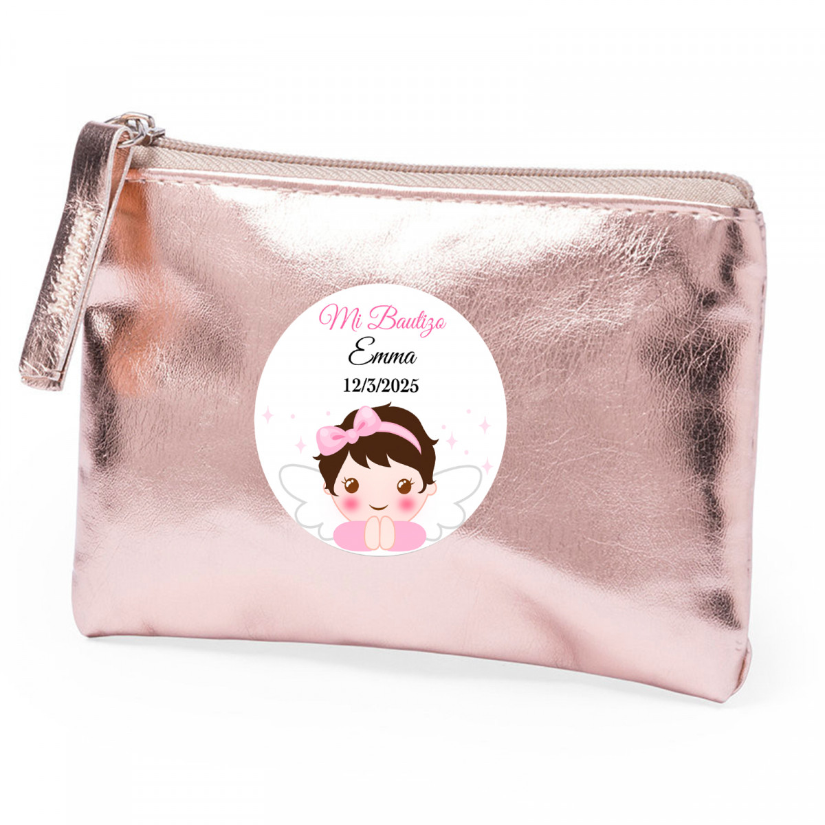 Sac à main rose personnalisé avec autocollant de baptême fille pour plus de détails