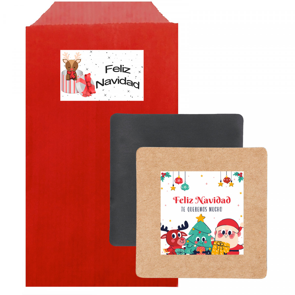 Aimant personnalisé dans une enveloppe kraft rouge avec autocollant Joyeux Noël pour plus de détails