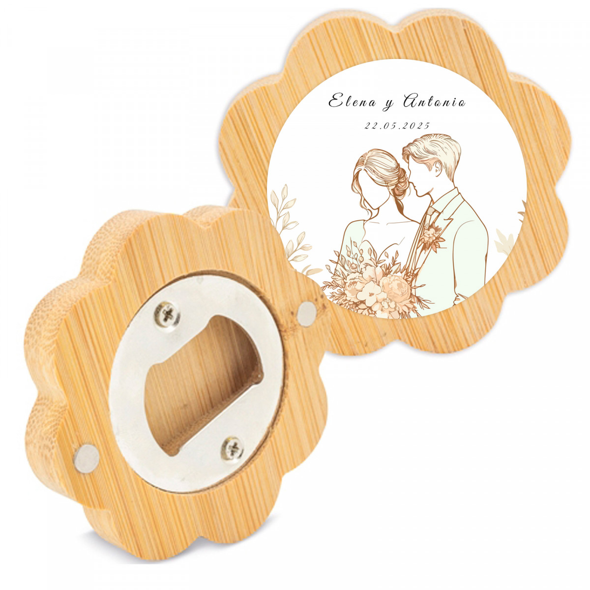 Décapsuleur en bois en forme de fleur et adhésif romantique pour les mariés pour les détails du mariage