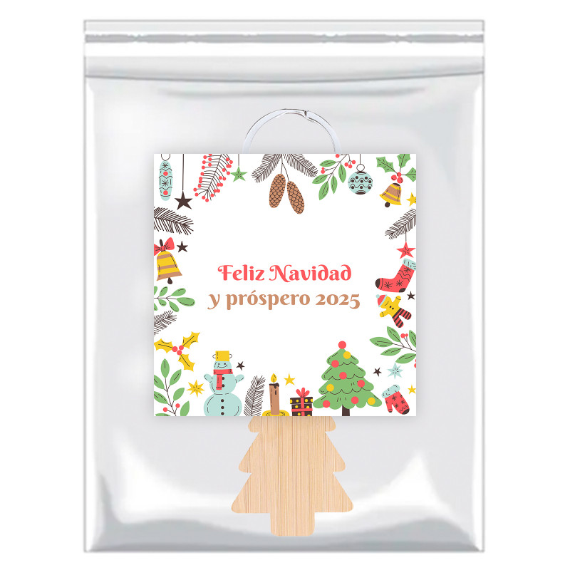 Porte clés sapin de noël en bois dans un sachet avec autocollant de noël personnalisable pour plus de détails