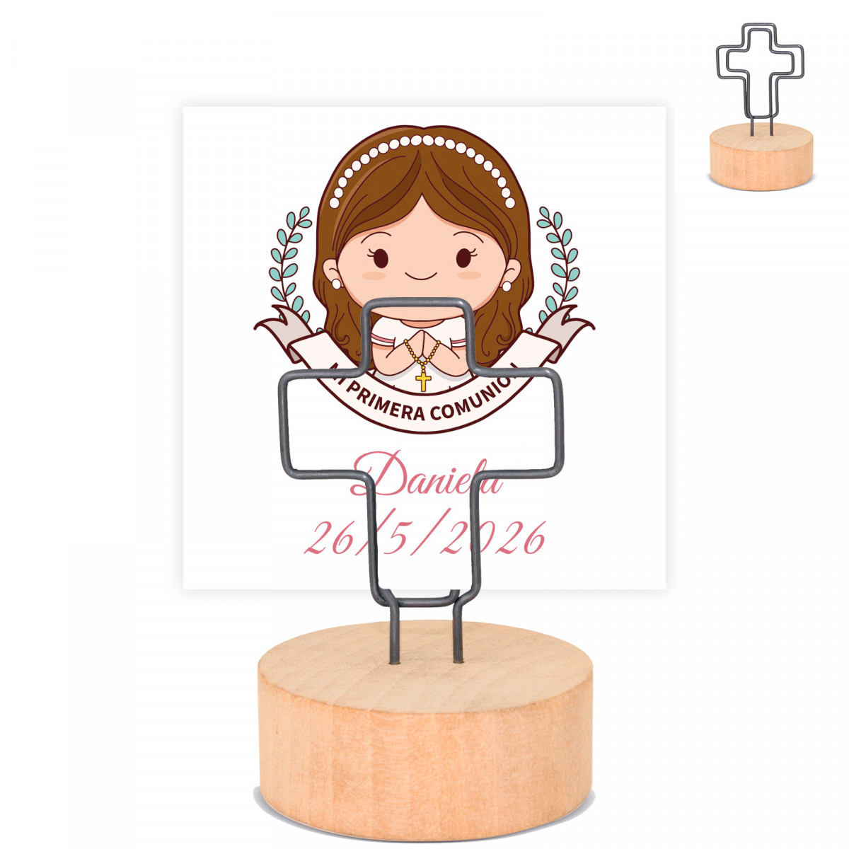 Porte carte croix avec base en bois et carte de première communion fille pour plus de détails