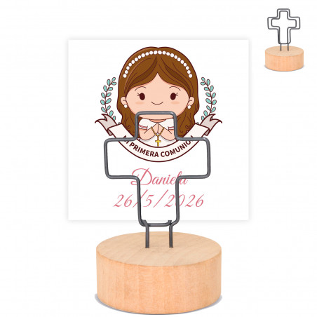 Porte carte croix avec base en bois et carte de première communion fille pour plus de détails