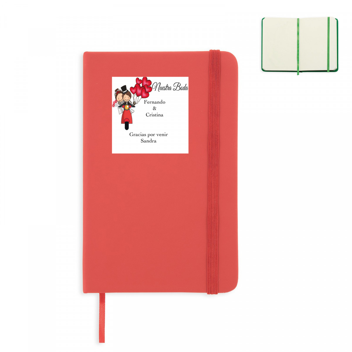 Petit carnet rouge avec autocollant mariage personnalisé