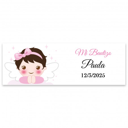 Sticker rectangulaire 6x2 personnalisable fille ange pour baptême