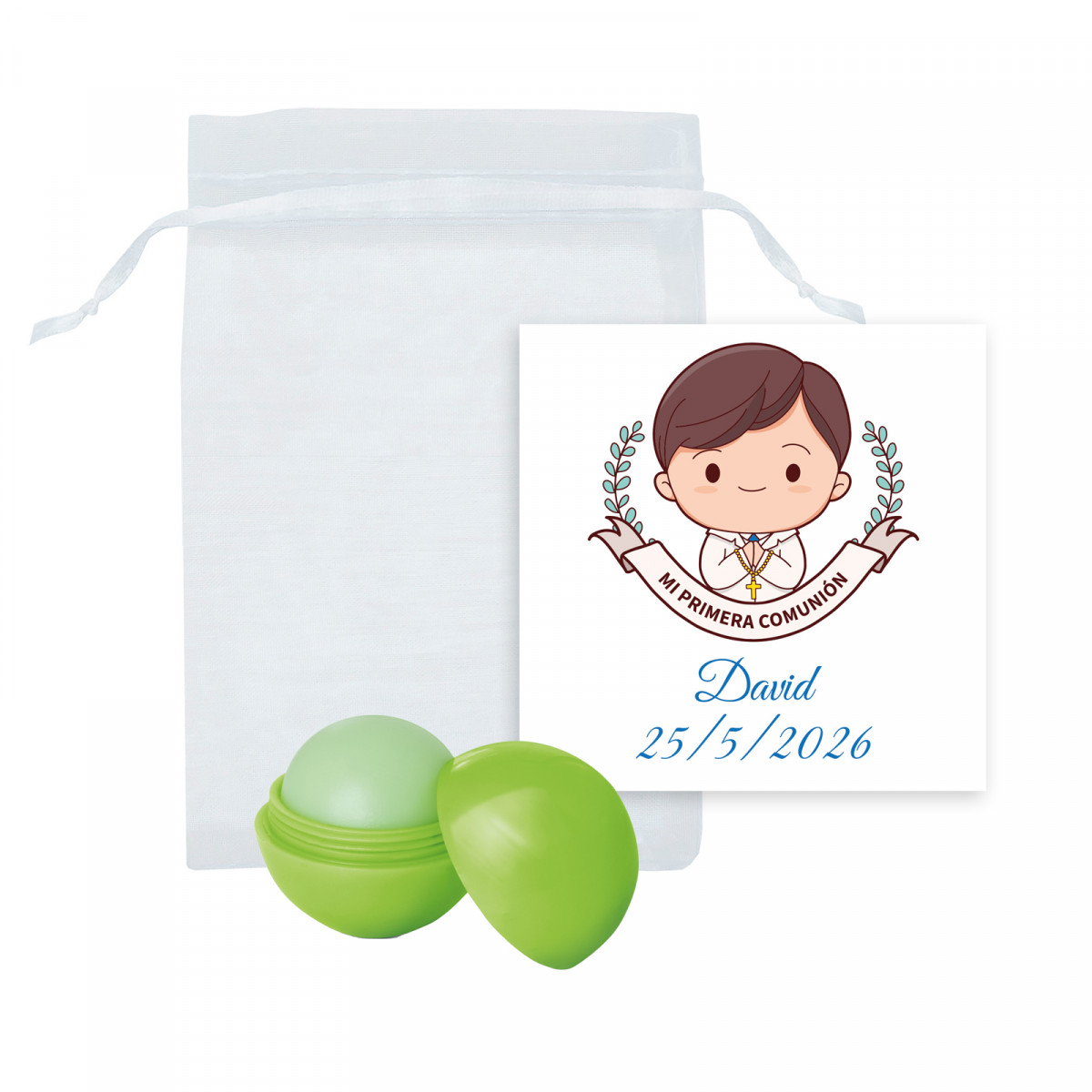 Baume à lèvres sphérique vert en sachet organza avec carte pour communion garçon