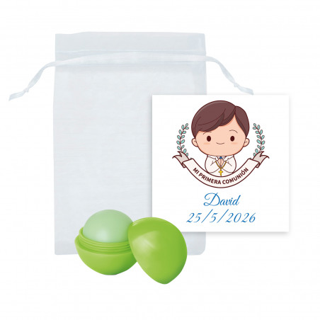 Baume à lèvres sphérique vert en sachet organza avec carte pour communion garçon